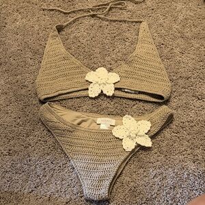 Meshki Tan Crochet Bikini with White Floral Detail